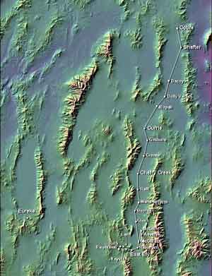 Nevada Northern Railway route superimposed on a shaded relief map of Nevada