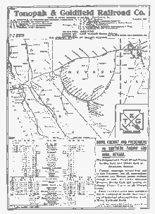 Tonopah & Goldfield Railroad map showing a projected line to Ely in White Pine county