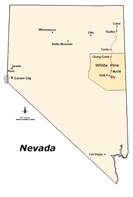 Nevada map highlighting White Pine County & Nevada Northern Railway